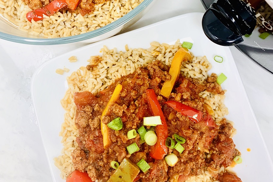 Crockpot Beef with Brown Rice and Vegetables Close Up of Beef and Brown Rice on a Plate