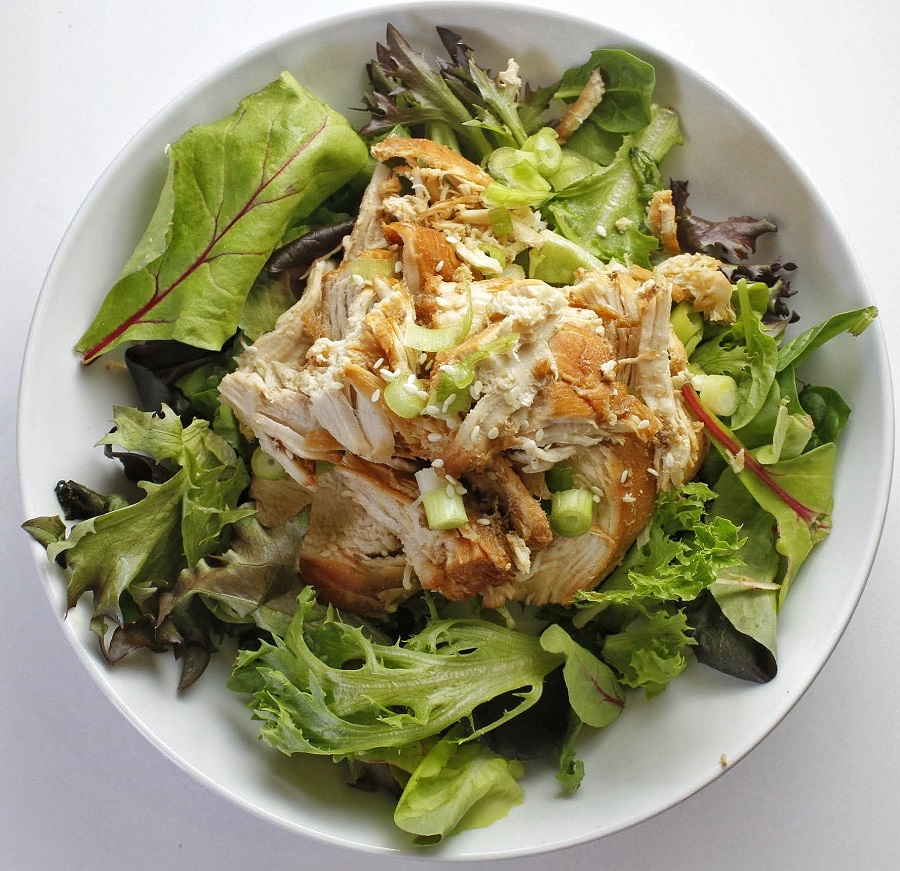 Instant Pot Teriyaki Chicken Overhead View of Chicken in a White Bowl