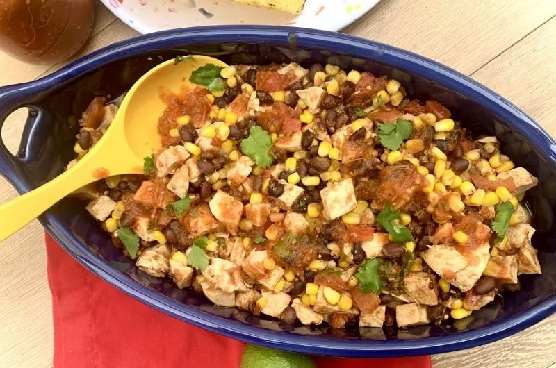 Crockpot Cinco de Mayo Party Food Ideas Overhead View of a Platter Filled with Salsa Chicken