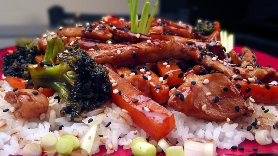 Instant Pot Chicken Thighs Recipes Close Up of Teriyaki Chicken on Rice